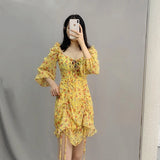 PICSGIRL  -  French Vintage Sweet and Westernized Age Reducing French Square Neck Ruffle Edge Drawstring Small Man Fragmented Chiffon Dress