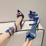 PICSGIRL  -  Embroidery Butterfly Ankle Strap High Heeled Sandals Women Sexy Pointed Toe Gladiator Heels Summer Party Dress Shoes Denim Blue