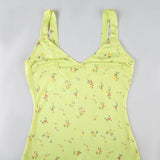 PICSGIRL  -  Yellow Floral Print Summer Vacation Beach Dresses For Women Sleeveless V Neck Elegant Sexy Boho Mermaid Dress