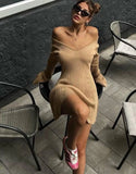 PICSGIRL  -  V-neck Long Sleeved Sexy Short Dress Knitted Autumn Winter Solid Color A-line Backless Pleated Women Dresses Fall Fashion