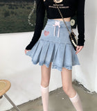 PICSGIRL  -  New Harajuku Denim Mini Skirt Women High Waist Bow Lace-up Pleated Skirt Preppy Style Japanese Girl Kawaii Skirts Y2k