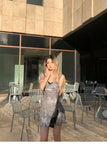 PICSGIRL  -  Silver Fake Two-piece Lace Patchwork Camisole Dress with Pleated Waist and A-line Printed Short Skirt