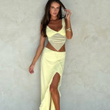 PICSGIRL  -  Two Piece Summer Outfits Women Mesh Patchwork Ruffle Split Long Skirt And Crop Top Sexy Yellow Vacation Dress Y2K