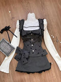 PICSGIRL  -  Sweet Cute White Ruffled Tops+Lace Edge Grey Vest+slimming High Waisted Skirt 3 Piece Set for Women Winter Japanese Skirt Suit