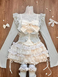 PICSGIRL  -  Sweet 3 Piece Sets Women Harajuku Ruffled Cardigan + Lace Patchwork Bow Vest + Mini Cake Skirts Cute Y2k Aesthetic Outfits Suit