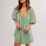 PICSGIRL  -  Women's Y2K Summer Casual Boho Jumpsuit Batwing Half Sleeve Tie Up Round Neck Striped Loose Wide Leg Playsuits