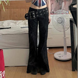 PICSGIRL  -  Gothic Style Wide Waistband Flare Jeans High Street Y2K Retro Fashion Denim Pants Black Casual Punk Boot Cut Trousers