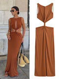 PICSGIRL  -  Sexy Knot Ruched Hollow Out Dress Woman Slim Off Shoulder Backless Bodycon Midi Robes Summer Autumn Party Evening Dresses