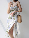 PICSGIRL  -  2024 Summer New Small Floral Sexy Slim Elegant Slit Suspenders Dress Street Style Casual Party Dress Women's Dresses