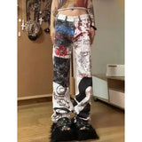 PICSGIRL  -  American Vibe Large Size Washed Painted Printed Street Straight Wide Leg Slim Flow Long Jeans Women's Fashion Trend Trousers