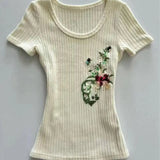 PICSGIRL  -  Sweet Knitted Harajuku Flower Embroidery T-shirts Vintage Bodycon Grunge Fairy Tops Women 2025 Summer Y2k Aesthetic Apricot Tees