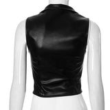 PICSGIRL  -  Black PU Leather Vests Women Fashion Turn Down Collar Sleeveless Zip-up Slim Crop Tank Top All Matching Streetwear Casual Outfit