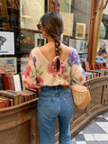 PICSGIRL -  Elegant Rainbow Color Flower Print Knit Pullover For Women Fashion V-neck Long Sleeves Button Tops 2024 Female High Streetwear