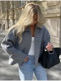 Picsgirl -  Women Grey Lapel Patchwork Zipper Coat Long Sleeve Oversized Loose Autumn Jacket Chic Female Casual Commute Office Outwear