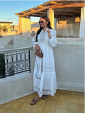 PICSGIRL -  Elegant White Hollow Ruffle Pleated Maxi Dress Women Chic V-neck Long Sleeves Button Dresses 2024 High Street Vocation Vestido