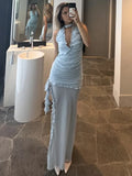 PICSGIRL  -  Deep V Neck Slim Maxi Dresses For Women Mesh Splice See Through Folds Long Dress Femme Side Slit Sexy Evening Dress Woman