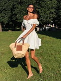 PICSGIRL  -  White Waist Lace-up Mini Dress Women Drawstring Off Shoulder Puff Sleeve A-line Dresses Summer Simple Casual Fashion Vestidos