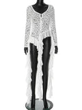 PICSGIRL  -  Lace Spliced Tassel Ribbon Top For Women Irregular Hem See Through Sexy T-Shirt Hot Girl Y2K Pullovers Long Sleeve New