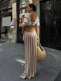 PICSGIRL  -  Bohemia Striped Knit Skirts Sets Women Sexy Hollow Out Holidays Party Outfits Summer Elegant Maxi Skirts Two Piece Sets 2024