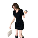 PICSGIRL  -  French Kikyu Solid V-Neck Ruffle Edge Dress 2024 Summer New Sweet Short Sleeve Short Skirt Short Style