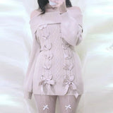 PICSGIRL  -  Cottage Fairy 00s Vintage Knitted Dress Japanese Off Shoulder Pullovers Mini Dress Fairy Y2K Kawaii Tie Up Retro Sweater Dress