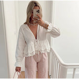 PICSGIRL -  Fashion V-neck Embroidered Printed Short Top Spring New Puff Long Sleeves Lace Patchwork Crop Shirt Chic Women Commuting Blouser