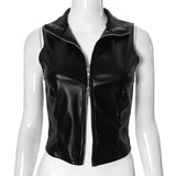 PICSGIRL  -  Black PU Leather Vests Women Fashion Turn Down Collar Sleeveless Zip-up Slim Crop Tank Top All Matching Streetwear Casual Outfit