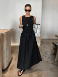 PICSGIRL  -  Summer Black Elegant Midi Dresses Women O Neck Sleeveless Solid Patchwork Long Dress Casual Fashion A-line Vestidos 2024 New