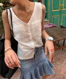 PICSGIRL  -  Casual Women Thin Cotton Summer Vest 2024 New V-neck Pocket Single Breasted Office Lady Tank Beige Black Fashion Sleeveless Top