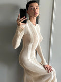 PICSGIRL -  Autumn Winter Long Knitted Dress Round Neck Long Sleeve Hole Bodycon Dress Elegant Party Evening Khaki Maxi Dresses for Women