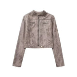 PICSGIRL  -  Vintage Chic Cropped Suede Jacket Women Autumn Fashion Faux Leather Short Coats Pockets Zippers Outerwear