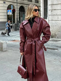 PICSGIRL  -  Fashion Retro Wine Red Long Women's Coat Turndown Collar Double Breasted Coats with Belt Vintage Windproof Winter Overcoat