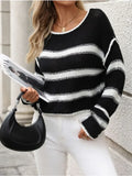 PICSGIRL  -  Casual Round Neck Color Blocking Knit Pullover Sweater in Autumn/Winter Colors, with Striped Design and Loose Fit