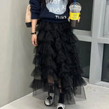 PICSGIRL -  Maxi Long Tulle White Skirts for Women Gothic Patchwork Ruffles Skirt Casual Party Fairycore Summer Jupe Longue Falda Mujer