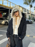 PICSGIRL  -  American Retro Fur Collar Hooded Jacket Women Y2K Streetwear Winter New Velvet Thickened Warm Harajuku Loose Casual Jacket