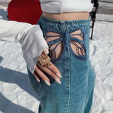 PICSGIRL -  Side Butterfly Jeans Women Sexy Hollow Embroidery Long Pants Women's All Match Casual Denim Pant Female Summer