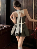 PICSGIRL  -  Korean Bow Tie Backless Fashion Suit For Women’s Dresses 2024 Summer New High Waist Elegant Halter Neck Vest Party Short Dress.