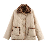 PICSGIRL  -  Fashion Double-Side Beige and Leopard Quilted Cotton Jacket For Women Winter Turn-down Collar Single-breasted Pocket Outerwear