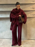 PICSGIRL  -  Elegant Burgundy Long Sleeve Sweater Pants Set Fashion Knitted Scarf Pullover Trousers Suits Autumn Winter Lady Warm Streetwear