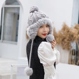 PICSGIRL  -  Winter Furry Knitted Hat for Women Girls Rabbit Fur Pompom Woolen Beanies Plush Thick Ear Protection Cap Windproof Skiing Bonnet