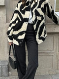 PICSGIRL  -  Women Elegant Zebra Printed Single Breasted Jacket Fashion Lapel Long Sleeves Loose Coat Autumn Chic Lady Commuting Outerwear