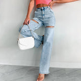 PICSGIRL  -  Fashion Sparkle Bead Straight Jeans Simple Elegant Hollow Wide Leg Loose Denim Pants Women High Waist Office Trousers