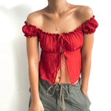 PICSGIRL  -  Summer 2024 New Slim Fit Versatile Short Sleeved European and American Style Bubble Sleeves Spicy Girl Tie Up Top for Women