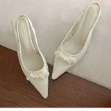 PICSGIRL  -  Chinese White Pearl High Heel Sandals Women Spring and Summer Jacquard Satin Pointed After Empty Sandals Spring New