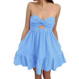 PICSGIRL  -  Women Solid Color Twisted Tube Dress Ruched Boat Neck Cut-out Backless Sleeveless Double Pockets Flowy Ruffled Dresses