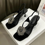 PICSGIRL  -  Rhinestone Flower High Heel Sandals Women Luxury Sandals Square Head Pumps Women Designers Diamond Flowers Party Dress Shoes