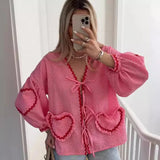 PICSGIRL  -  Fashion Vintage Love Pocket Shirt Blouse Female Tops Summer Korean Contrast Plaid Puff Sleeve Bow Tie Shirts Women Tops