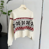 PICSGIRL  -  Vintage  Fair Isle Crew Neck Jumper Heart Pattern Knitted Pullovers Christmas Sweater Holiday Knitwear Autumn Women Outerwear