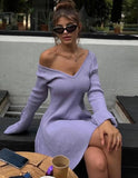 PICSGIRL  -  V-neck Long Sleeved Sexy Short Dress Knitted Autumn Winter Solid Color A-line Backless Pleated Women Dresses Fall Fashion