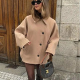 PICSGIRL  -  Vintage Diagonal Breasted Warm Loose Jacket Women Lapel Double Pocket Long Sleeve Solid Tops Outerwear Autumn Winter Female Coat